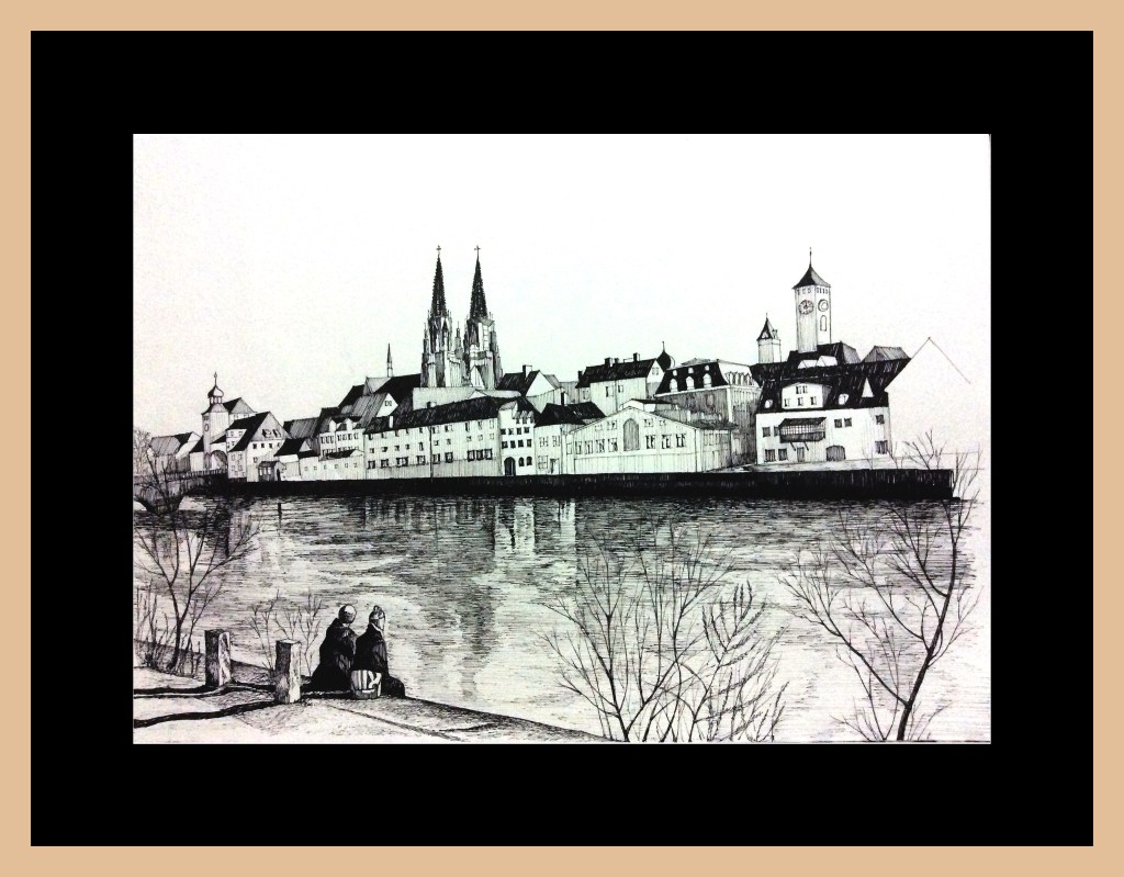Pen and Ink rendering of a view in the town of Regensburg, Germany, across the river looking at the Cathedral.